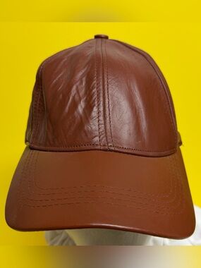 Vintage Winner Genuine Brown Leather Baseball Cap Strapback Made In USA New